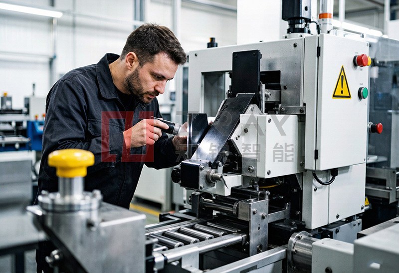 Technician checking folding guide alignment on a case erector